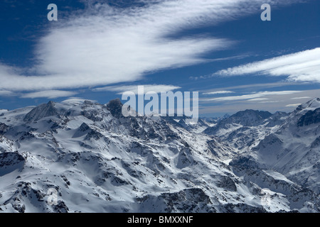 Vista dal Mont Fort sulla ski area di quattro valli, Verbier, Svizzera Foto Stock