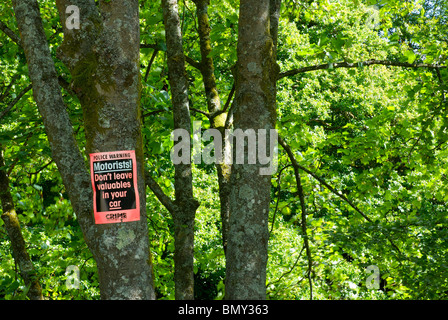Segno sulla tree - Gli automobilisti, non lasciare oggetti di valore nella vostra auto - Parco Nazionale del Distretto dei Laghi, Cumbria, England Regno Unito Foto Stock