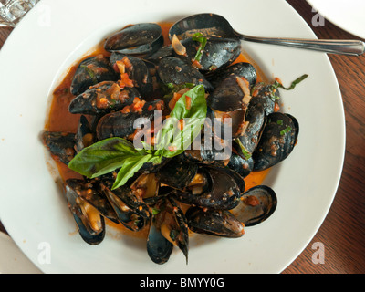 Piastra di cozze cotte al vapore in salsa marinara guarnita con ciuffo di basilico fresco e nuoto in brodo deliziosi Foto Stock