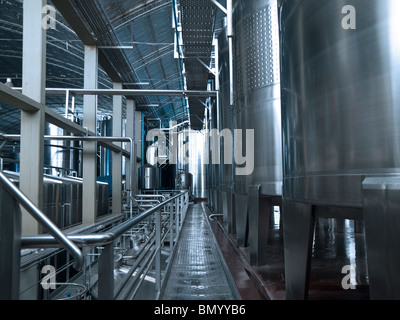 Acciaio inossidabile tini di vino in una fila all'interno della cantina. Foto Stock