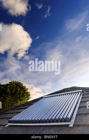 Energia solare. Solari Sottovuoto/tubi evacuati su un interno sul tetto della casa nel Regno Unito Foto Stock