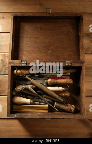 Artista di utensili a mano per opere di artigianato in legno dorato sfondo Foto Stock