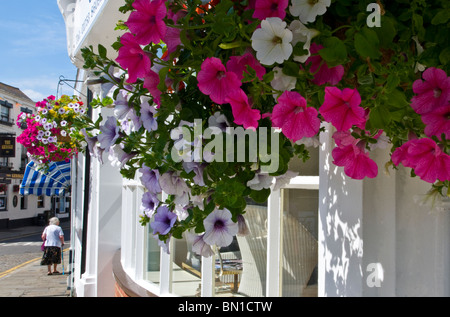 High Street silenziosa signora anziana con bastone shopping da soli in floral soleggiato villaggio rurale High Street Regno Unito Foto Stock