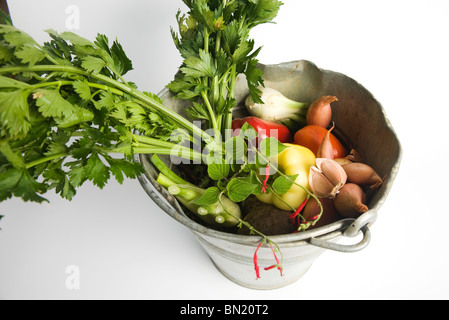 Il sedano rapa e un assortimento di verdure nella benna Foto Stock