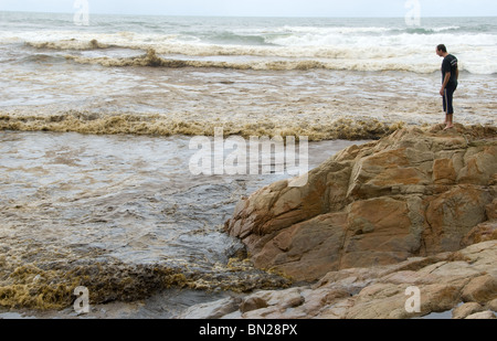 Cambio olio - fuoriuscite di petrolio non solo influiscono sull'ambiente hanno un impatto anche sulle attività umane da business a ricercatori di piacere. Foto Stock