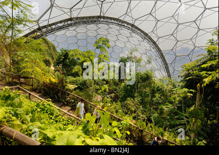 I turisti a piedi all'interno della cupola tropicale al progetto Eden Foto Stock