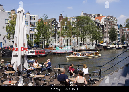 Pavement Cafe de Sluyswacht, Amsterdam, Paesi Bassi, vista elevatde Foto Stock