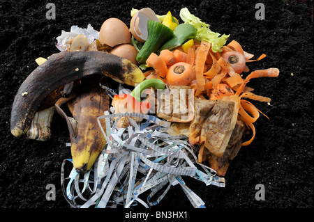 I materiali di rifiuto organici come ad esempio uova, quotidiano e peeling vegetale su un giardino compostaggio. Foto Stock