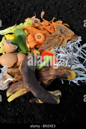 I materiali di rifiuto organici come ad esempio uova, quotidiano e peeling vegetale su un giardino compostaggio. Foto Stock