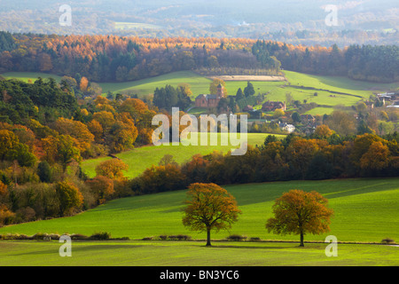 Vista verso il villaggio di Albury, Newlands Corner Foto Stock