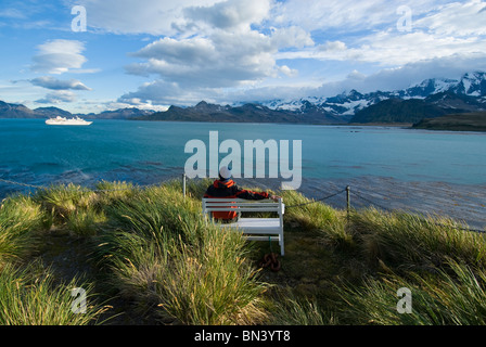 Uomo seduto su un banco di lavoro, guardando paesaggi, Georgia del Sud Foto Stock
