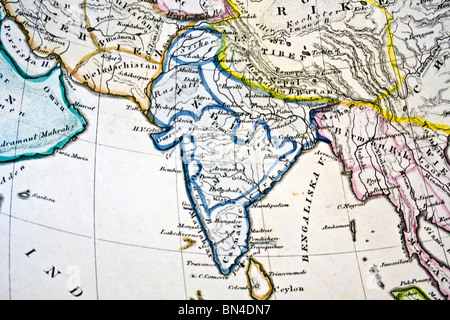 Antica mappa dell'India. Realizzata a mano in 1881 Foto Stock