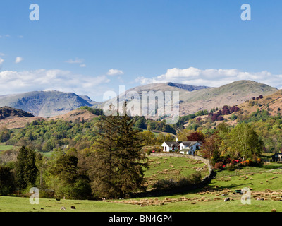Lake District, UK. Rural farmhouse in the landscape north east of Coniston surrounded by mountains in the summer Foto Stock