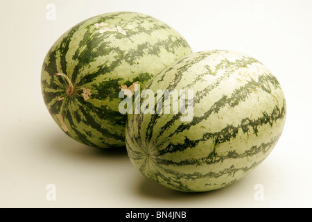 Frutti ;completa di due cocomeri con il chiaro e lo scuro strisce verdi acquosi e dal rosso all'interno ;; Pune Maharashtra ; India Foto Stock