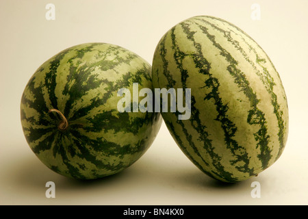 Frutti ;completa di due cocomeri con il chiaro e lo scuro strisce verdi acquosi e dal rosso all'interno ;; Pune Maharashtra ; India Foto Stock