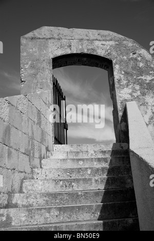 Immagine in bianco e nero di scale che conducono alla porta del cielo e delle nubi Foto Stock