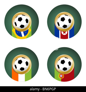 Composizione con palloni da calcio nei flag di ciascun paese del gruppo G per il 2010 Coppa del Mondo Foto Stock