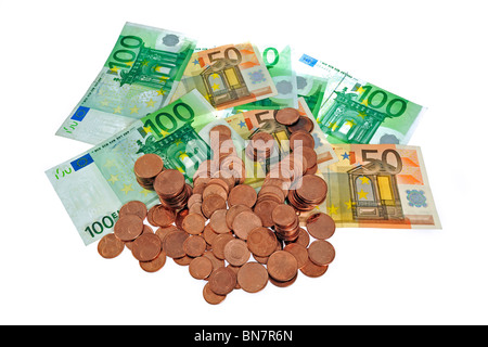 Il denaro in valuta euro in banconote e monete metalliche, Belgio Foto Stock