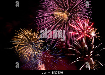 Burst multipli di fuochi d'artificio riempire il cielo della notte in uno scintillante spettacolo pirotecnico sul quarto di luglio in Tumwater, Washington. Foto Stock