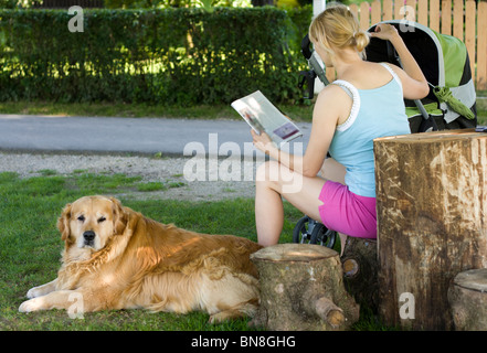 La madre con il bambino nel passeggino e golden retriever rilassante nel parco. Foto Stock