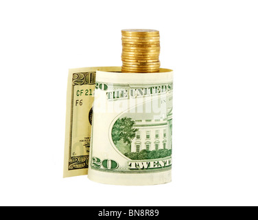 Colonna di monete con venti dollari Foto Stock