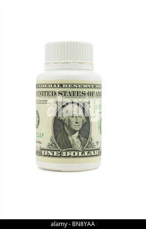 Conceptual health care immagine del dollaro sulla medicina in plastica bottiglia Foto Stock