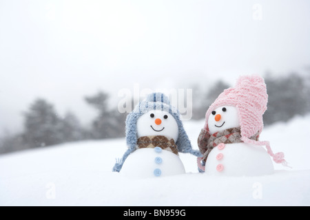 Pupazzo di neve giovane indossare cappelli e sciarpe di argyle Foto Stock