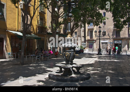 Barcellona, Spagna Giugno 2009. Bellissima piazza nel quartiere gotico, bella fontana e ombroso Café. Posizione orizzontale Foto Stock