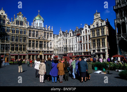 Persone, turisti, tour guidato, tour a piedi, guida, grandplace, Grand Place, città di Brussels, Bruxelles, Regione di Bruxelles capitale, Belgio, Europa Foto Stock