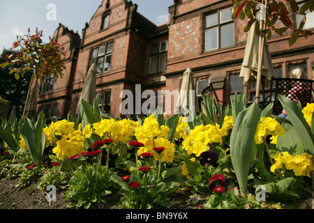 Chester giardini zoologici. Basso angolo di visualizzazione della molla lettiera piante con il ristorante Oakfield, in background. Foto Stock