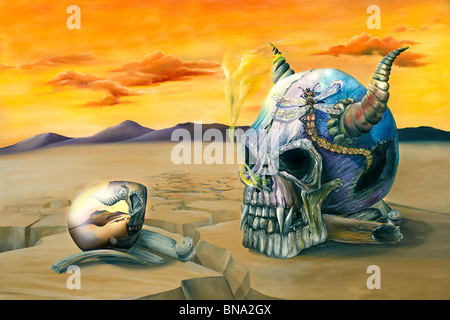 Dipinto ad Olio di un uovo che riflette un male cranio in un deserto arido Foto Stock