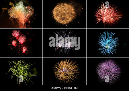 Fuochi d'artificio di colori e forme diverse Foto Stock