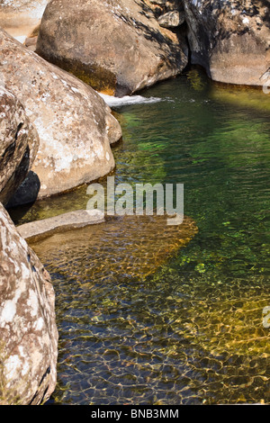 Acqua cristallina in un rock pool in un torrente di montagna di Drakensberg, Sud Africa. Foto Stock