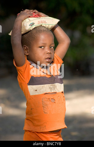 Ragazzo del Malawi borsa per il trasporto dello zucchero sul suo capo Chizumulu isola. Foto Stock