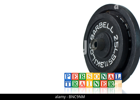 Colorata per bambini ortografia blocchi personal trainer con barbell pesi in background Foto Stock