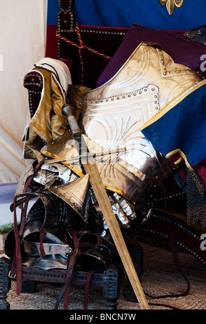 Il re Edoardo IV, casa di York.re spada medievale e armatura alla rievocazione della battaglia di Tewkesbury 2010. Gloucestershire, Inghilterra Foto Stock