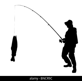 Una silhouette di un pescatore con un pesce Foto Stock