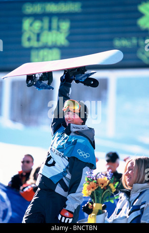 Kelly Clark (USA) medaglia d'oro nella halfpipe al 2002 Giochi Olimpici invernali di Salt Lake City, UT, STATI UNITI D'AMERICA Foto Stock