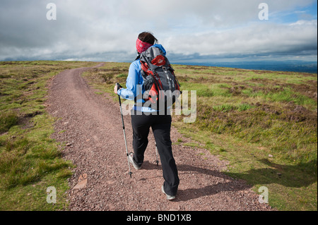 Femmina singolo escursionista a piedi a nord sulla Offa's Dyke Path, vicino al fieno Bluff, Montagna Nera, Galles Foto Stock