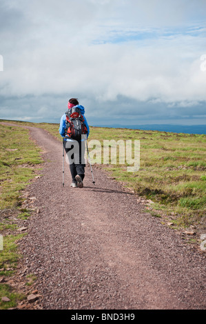 Femmina singolo escursionista a piedi a nord sulla Offa's Dyke Path, vicino al fieno Bluff, Montagna Nera, Galles Foto Stock