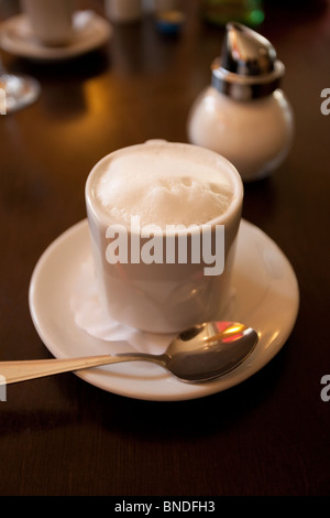 Un cappuccino appena preparato con una schiuma ricca e schiuma, servito in una classica tazza bianca su un piattino, con un cucchiaio e un dispenser di zucchero sul lato, Foto Stock