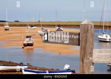 Norfolk sentiero costiero segni a Wells accanto al mare Foto Stock