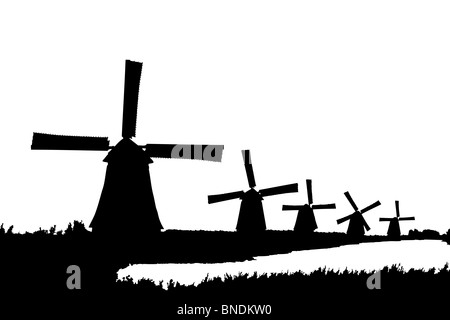 Una silhouette di mulini a vento di Kinderdijk, Olanda Foto Stock