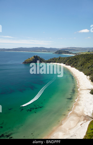 Barca veloce, Nuova Chums Beach, Penisola di Coromandel, Isola del nord, Nuova Zelanda - aerial Foto Stock