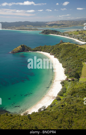 Nuovo Chums Beach, e punto Motuto, Penisola di Coromandel, Isola del nord, Nuova Zelanda - aerial Foto Stock