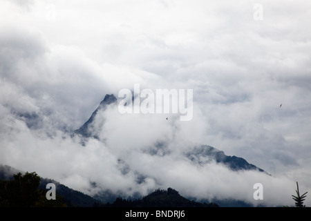 Montagna Zugspitze che spuntavano dalle nubi nelle Alpi Bavaresi in estate a Garmisch-Partenkirchen 2 uccelli, brillante contrasto Foto Stock