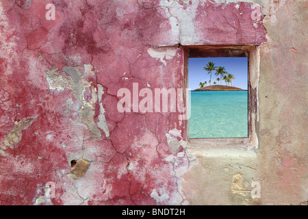 Grunge rosa rosso parete finestra legno topica alberi di Palm Island view Foto Stock