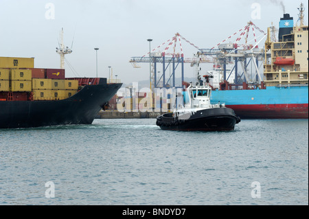 Un rimorchiatore tirando una grande nave portacontainer nel porto di Durban, Durban, Kwazulu Natal, Sud Africa Foto Stock