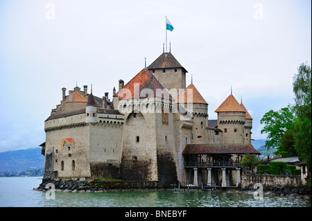 Il Castello di Chillon, sul Lac Leman (Lago di Ginevra) Foto Stock