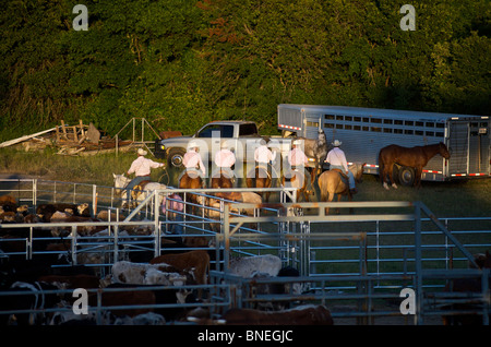 I membri del cowboy di PRCA preparando dietro le quinte per rodeo evento a Bridgeport, Texas, Stati Uniti d'America Foto Stock